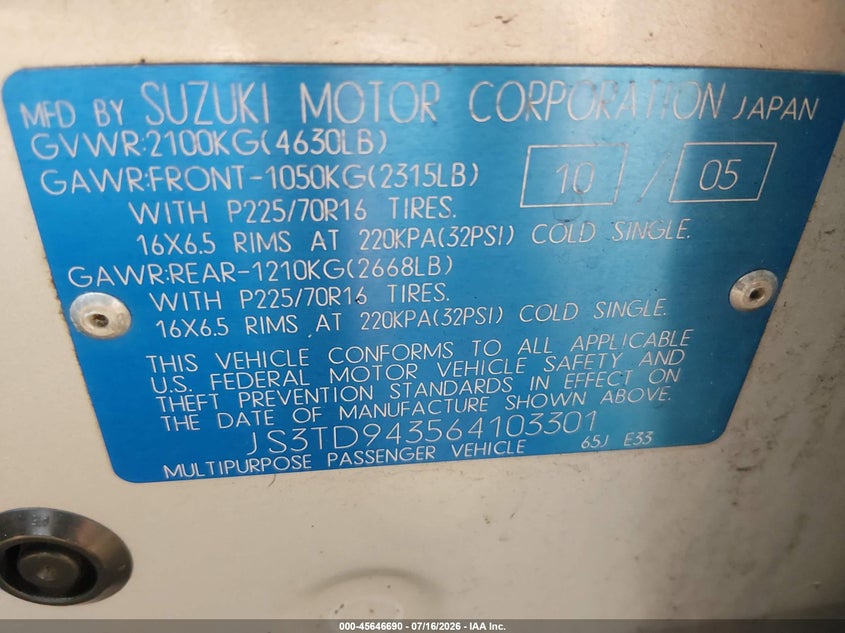 2006 Suzuki Grand vitara VIN JS3TD943564103301 IAAI salvage auction — NORMAL WEAR, Clear (Virginia), sold $25 on 2026-07-30 (photo 9)