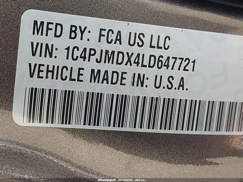 2020 Jeep Cherokee VIN 1C4PJMDX4LD647721 IAAI salvage auction — RIGHT REAR, Clear (New York), sold $7,500 on 2026-07-28 (photo 9)