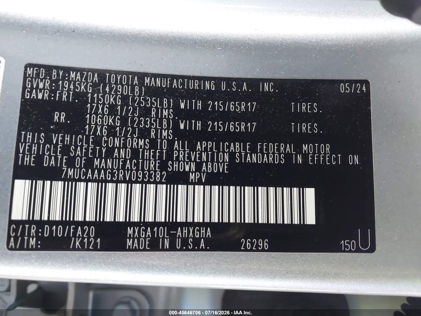 2024 Toyota Corolla cross VIN 7MUCAAAG3RV093382 IAAI salvage auction — FRONT END, Wait Title, sold $7,800 on 2026-09-11 (photo 9)
