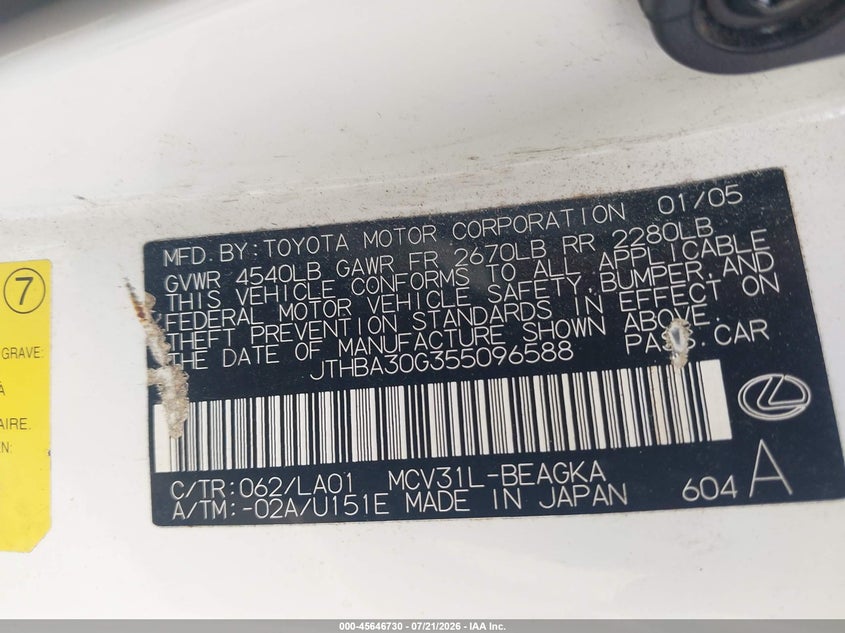 2005 Lexus Es 330 VIN JTHBA30G355096588 IAAI salvage auction — NORMAL WEAR, Clear (Virginia), sold $25 on 2026-07-30 (photo 9)
