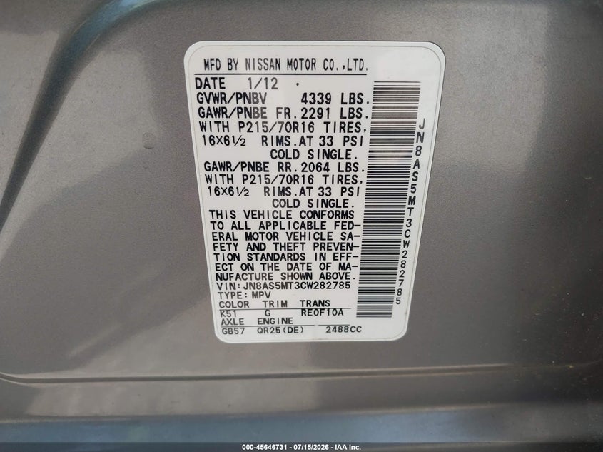 2012 Nissan Rogue VIN JN8AS5MT3CW282785 IAAI salvage auction — NORMAL WEAR, Clear (Maryland), sold $300 on 2026-07-23 (photo 9)