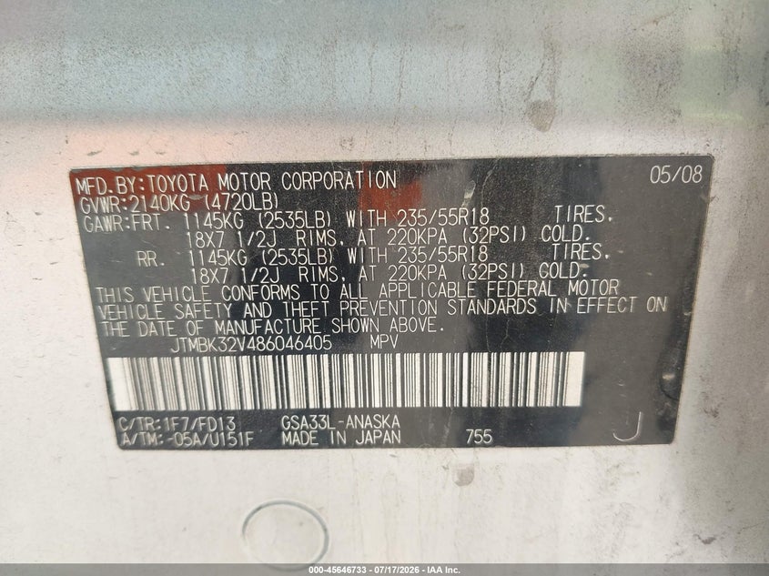 2008 Toyota Rav4 VIN JTMBK32V486046405 IAAI salvage auction — NORMAL WEAR, Clear-Dealer Only (North Carolina), sold $450 on 2026-07-28 (photo 9)