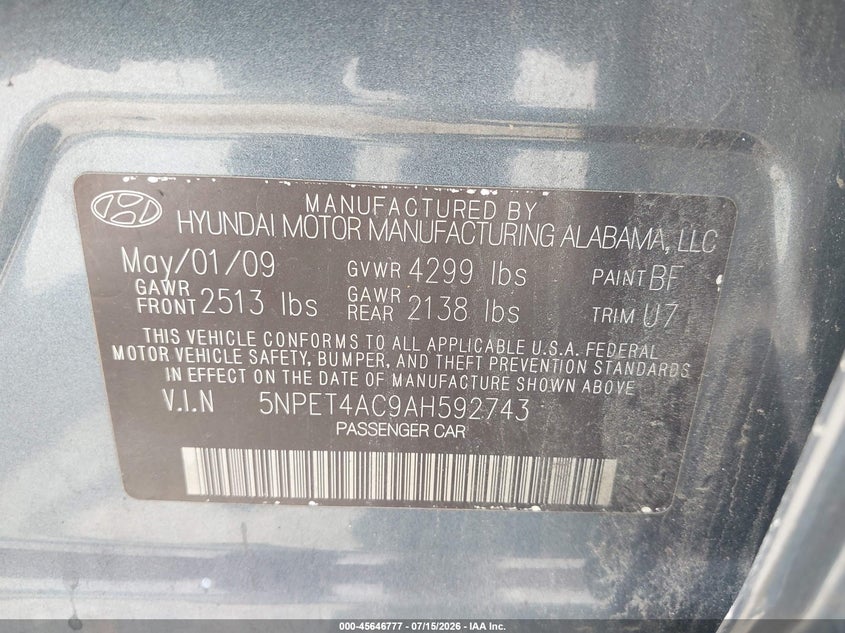 2010 Hyundai Sonata VIN 5NPET4AC9AH592743 IAAI salvage auction — NORMAL WEAR, Clear (Virginia), sold $200 on 2026-07-30 (photo 9)