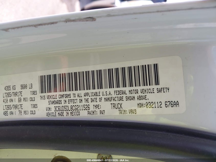 2012 Ram 2500 VIN 3C6UD5DL8CG211526 IAAI salvage auction — SIDE, Salvage (Ohio), sold $5,400 on 2026-07-31 (photo 9)