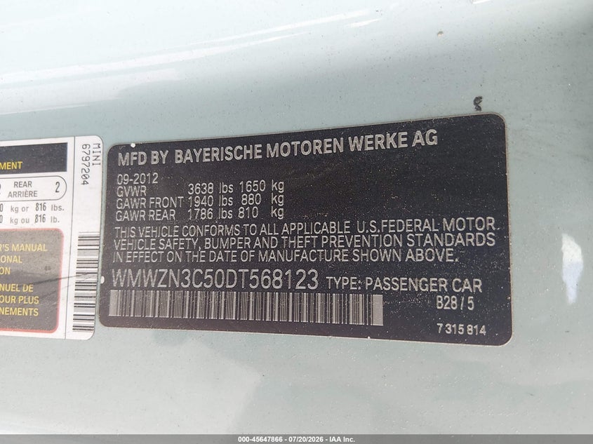 2013 Mini Convertible VIN WMWZN3C50DT568123 IAAI salvage auction — NORMAL WEAR, Clear (South Carolina), sold $25 on 2026-07-29 (photo 9)