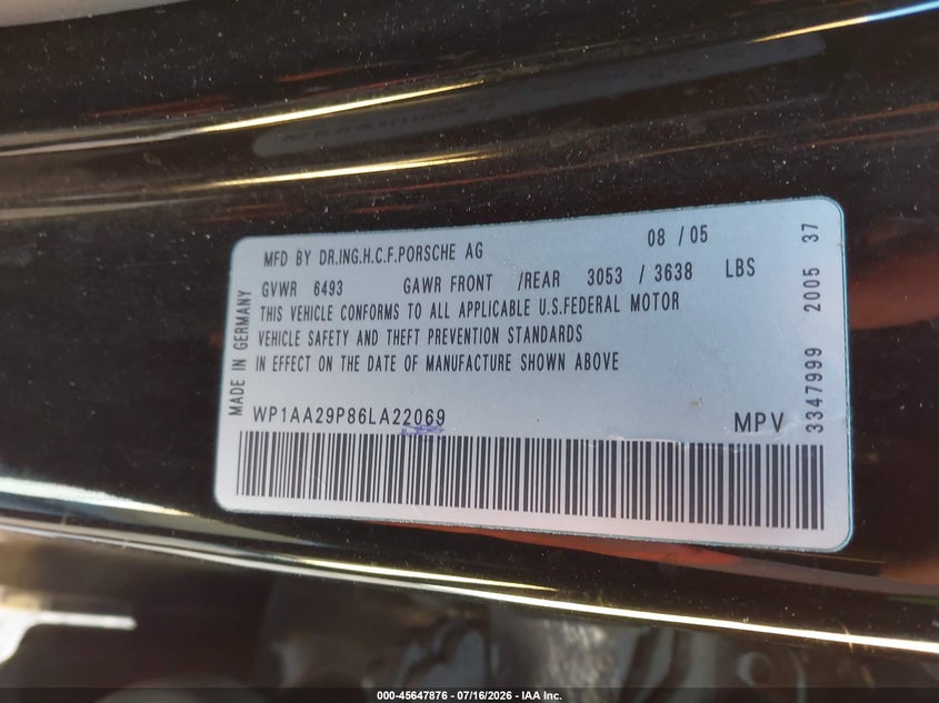 2006 Porsche Cayenne VIN WP1AA29P86LA22069 IAAI salvage auction — NORMAL WEAR, Salvage Title - Dealer (California), sold $100 on 2026-07-30 (photo 9)