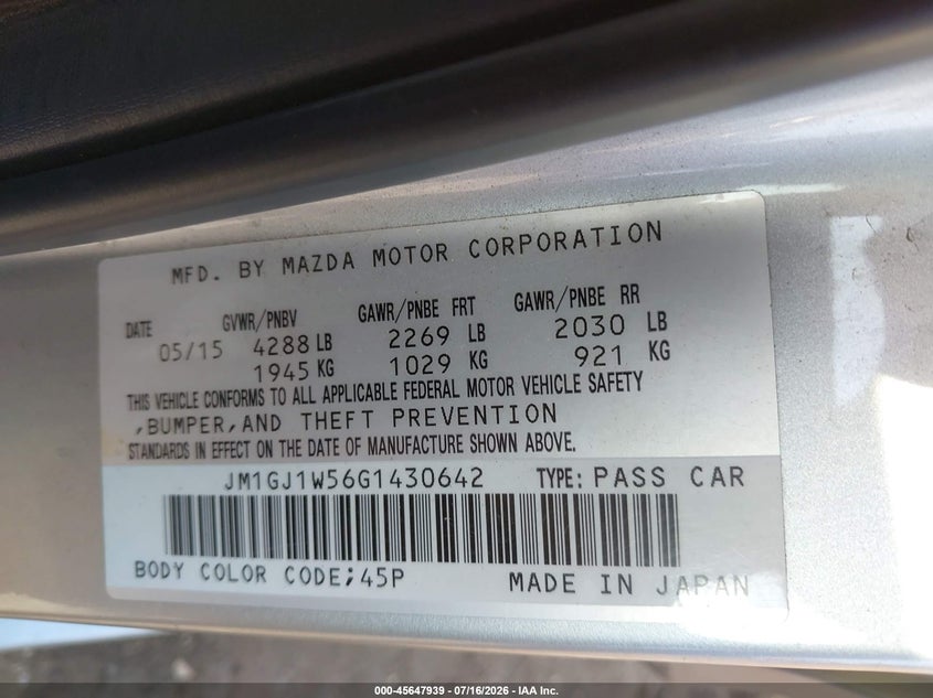 2016 Mazda 6 VIN JM1GJ1W56G1430642 IAAI salvage auction — NORMAL WEAR, Clear - Dealer Only (California), sold $25 on 2026-07-21 (photo 9)