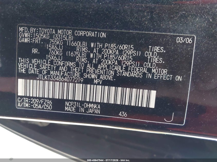 2006 Scion Xb VIN JTLKT334864077219 IAAI salvage auction — NORMAL WEAR, Clear (Missouri), sold $25 on 2026-07-28 (photo 9)