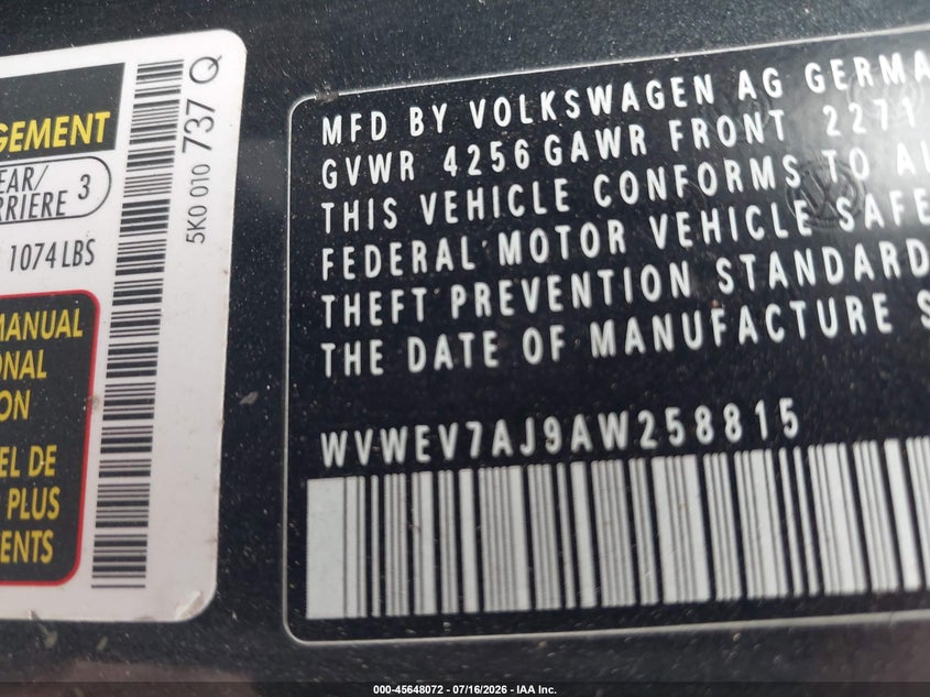 2010 Volkswagen Gti VIN WVWEV7AJ9AW258815 IAAI salvage auction — NORMAL WEAR, Original (Texas), sold $1,000 on 2026-07-29 (photo 9)