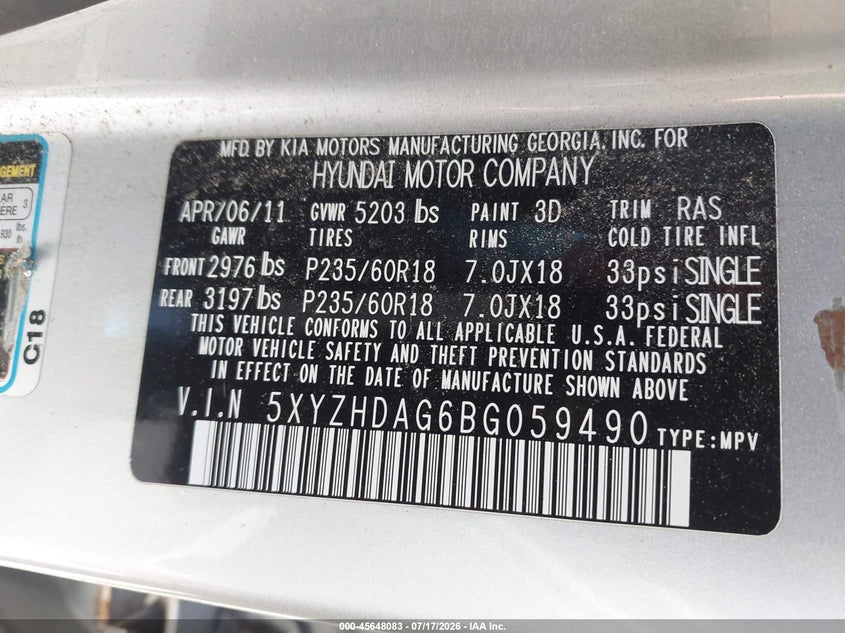 2011 Hyundai Santa fe VIN 5XYZHDAG6BG059490 IAAI salvage auction — NORMAL WEAR, Clear (New York), sold $550 on 2026-07-23 (photo 9)