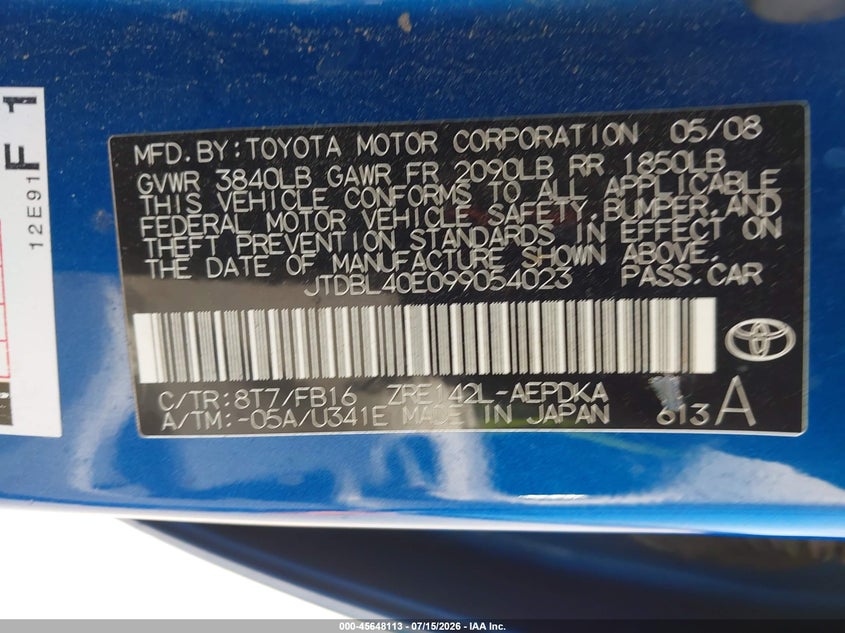 2009 Toyota Corolla VIN JTDBL40E099054023 IAAI salvage auction — NORMAL WEAR, Clear - Dealer Only (California), sold $500 on 2026-07-29 (photo 9)