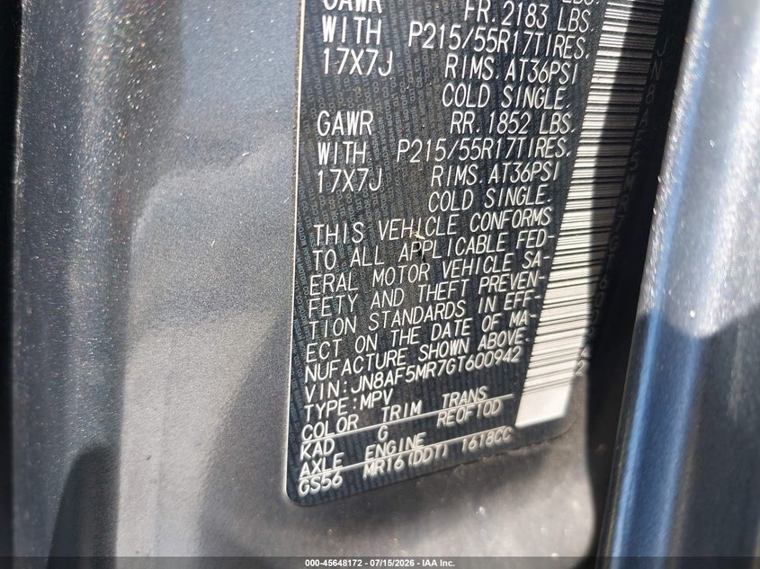 2016 Nissan Juke VIN JN8AF5MR7GT600942 IAAI salvage auction — NORMAL WEAR, Clear (Florida), sold $25 on 2026-07-29 (photo 9)