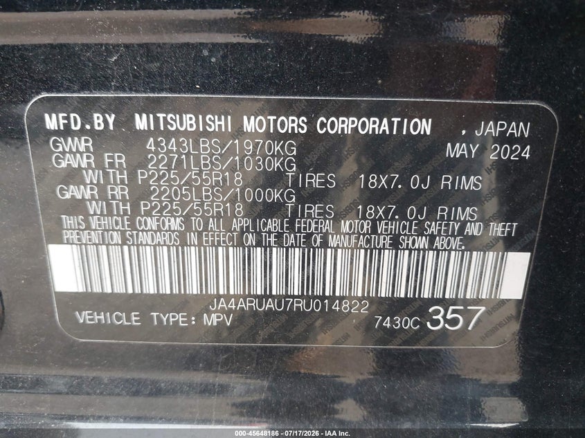 2024 Mitsubishi Outlander VIN JA4ARUAU7RU014822 IAAI salvage auction — RIGHT SIDE, Enterprise Vehicles Clear Only (Alabama), sold $3,600 on 2026-07-26 (photo 9)