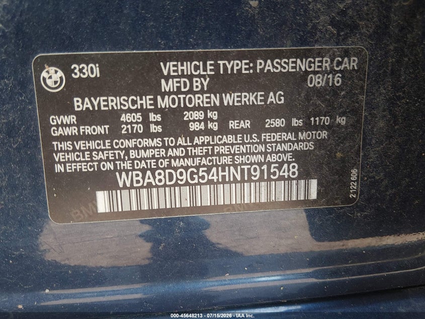 2017 BMW 3 series VIN WBA8D9G54HNT91548 IAAI salvage auction — NORMAL WEAR, Clear (Virginia), sold $125 on 2026-07-22 (photo 9)