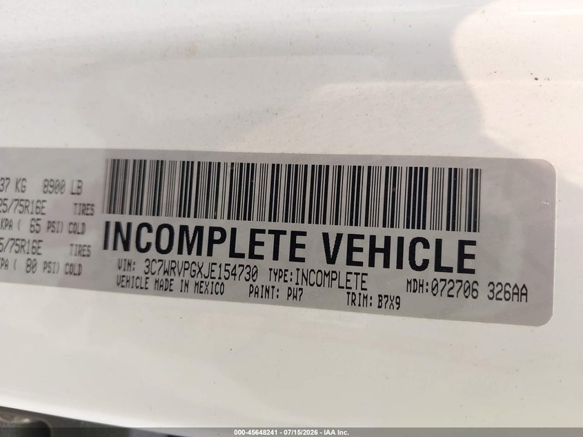 2018 Ram Promaster 2500 VIN 3C7WRVPGXJE154730 IAAI salvage auction — NORMAL WEAR, Sf97 (New York), sold $27,500 on 2026-07-23 (photo 9)