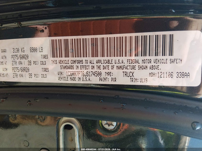 2018 Ram 1500 VIN 1C6RR7PT6JS174500 IAAI salvage auction — RIGHT SIDE, Salvage (Mississippi), sold $4,050 on 2026-08-27 (photo 9)