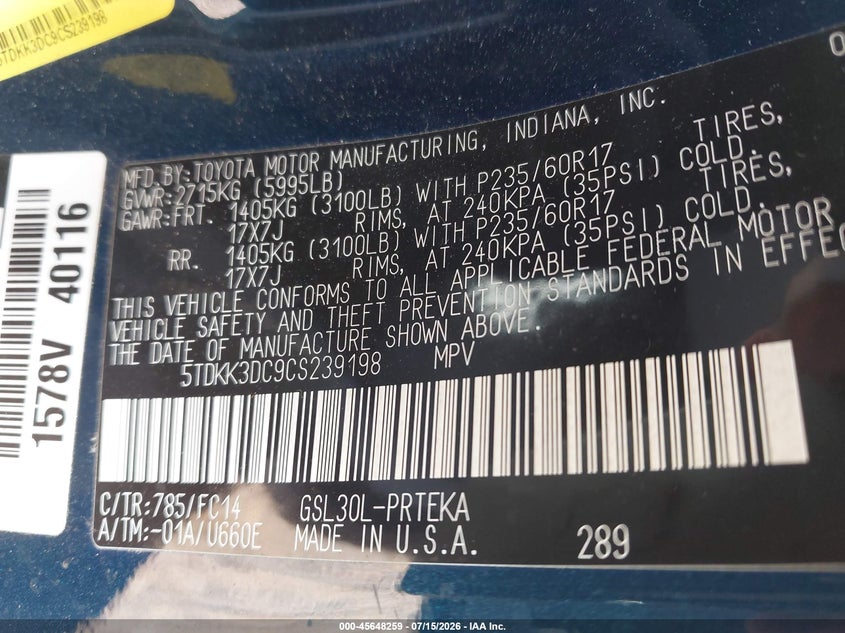2012 Toyota Sienna VIN 5TDKK3DC9CS239198 IAAI salvage auction — NORMAL WEAR, Clear (Virginia), sold $275 on 2026-07-27 (photo 9)