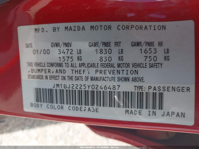 2000 Mazda Protege VIN JM1BJ2225Y0246487 IAAI salvage auction — NORMAL WEAR, Clear (Oklahoma), sold $25 on 2026-07-21 (photo 9)