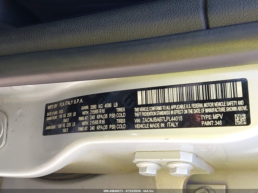 2020 Jeep Renegade VIN ZACNJBAB7LPL44015 IAAI salvage auction — NORMAL WEAR, Wait Title, sold $75 on 2026-07-30 (photo 9)