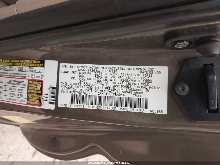 2010 Toyota Tacoma VIN 5TEUU4EN7AZ672186 IAAI salvage auction — NORMAL WEAR, Clear (New York), sold $1,850 on 2026-07-29 (photo 9)