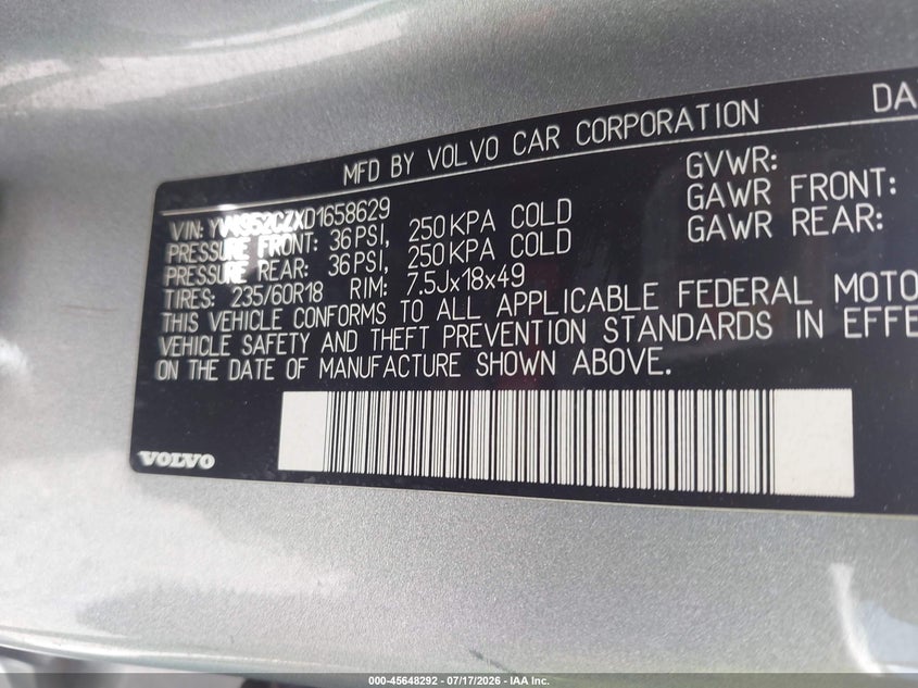 2013 Volvo Xc90 VIN YV4952CZXD1658629 IAAI salvage auction — LEFT REAR, Salvage Title, sold $475 on 2026-07-31 (photo 9)