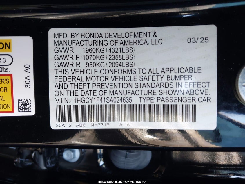 2025 Honda Accord VIN 1HGCY1F41SA024635 IAAI salvage auction — UNDERCARRIAGE, Salvage Title, sold $11,700 on 2026-08-23 (photo 9)