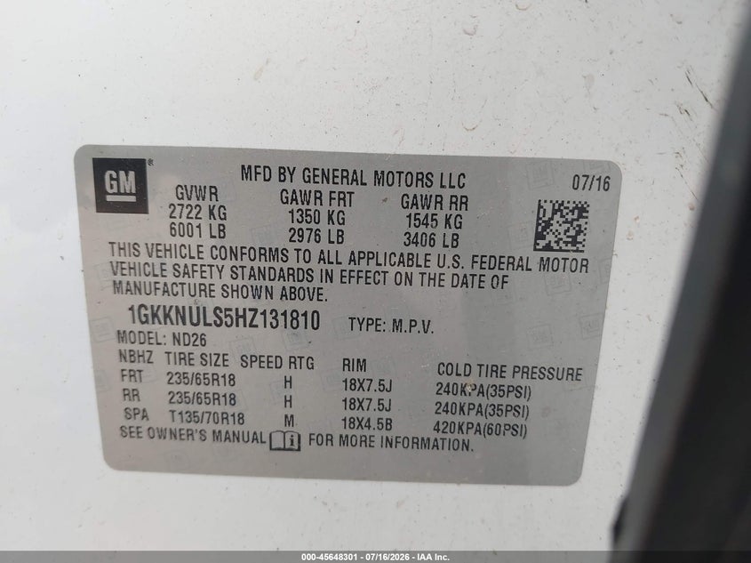 2017 Gmc Acadia VIN 1GKKNULS5HZ131810 IAAI salvage auction — UNKNOWN, Wait Title, sold $25 on 2026-09-11 (photo 9)