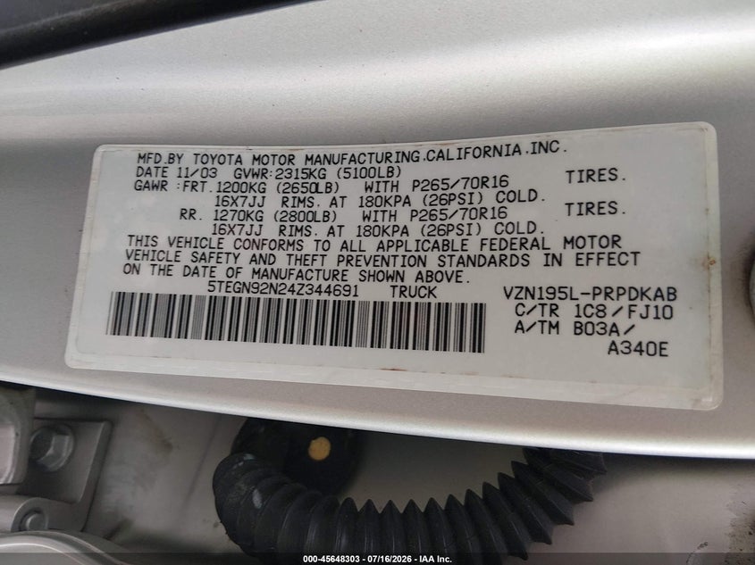 2004 Toyota Tacoma VIN 5TEGN92N24Z344691 IAAI salvage auction — SIDE, Salvage (Tennessee), sold $2,200 on 2026-07-30 (photo 9)