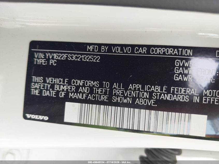 2012 Volvo S60 VIN YV1622FS3C2132522 IAAI salvage auction — NORMAL WEAR, Clear (Pennsylvania), sold $375 on 2026-07-24 (photo 9)