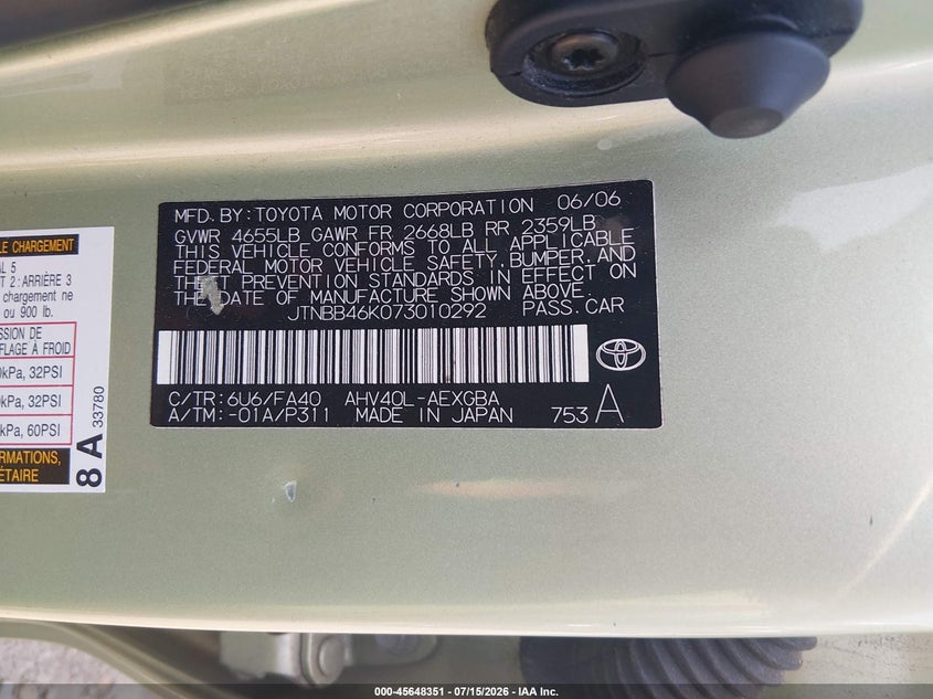 2007 Toyota Camry VIN JTNBB46K073010292 IAAI salvage auction — NORMAL WEAR, Clear (Maryland), sold $550 on 2026-07-30 (photo 9)