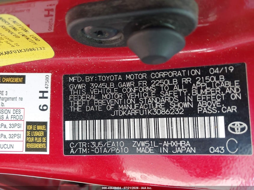 2019 Toyota Prius VIN JTDKARFU1K3086232 IAAI salvage auction — FRONT END, Salvage (North Carolina), sold $4,950 on 2026-08-02 (photo 9)