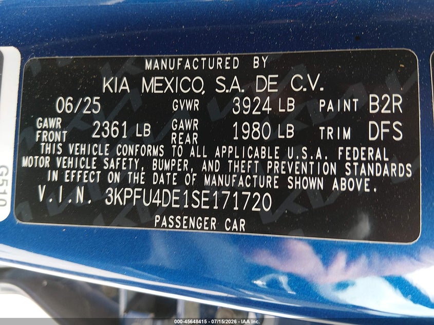 2025 Kia K4 VIN 3KPFU4DE1SE171720 IAAI salvage auction — LEFT FRONT, Original (Texas), sold $4,050 on 2026-07-23 (photo 9)