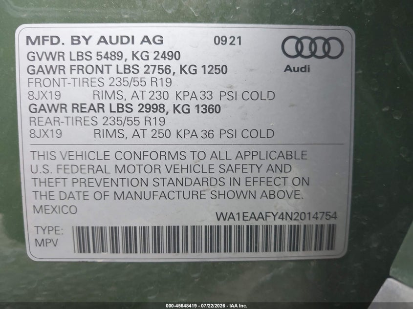 2022 Audi Q5 VIN WA1EAAFY4N2014754 IAAI salvage auction — FRONT END, Salvage Title, sold $9,900 on 2026-08-02 (photo 9)