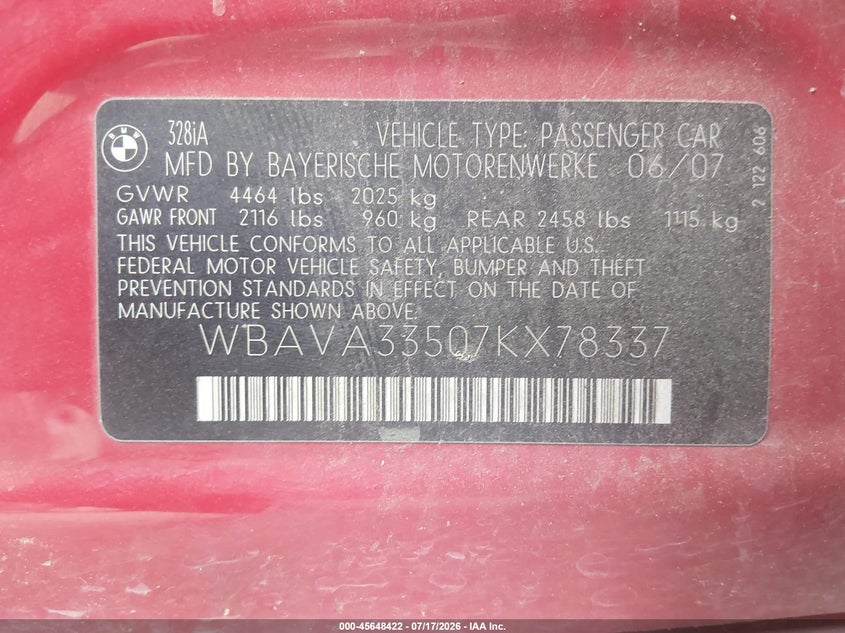 2007 BMW 3 series VIN WBAVA33507KX78337 IAAI salvage auction — NORMAL WEAR, Clear (Arkansas), sold $25 on 2026-07-22 (photo 9)