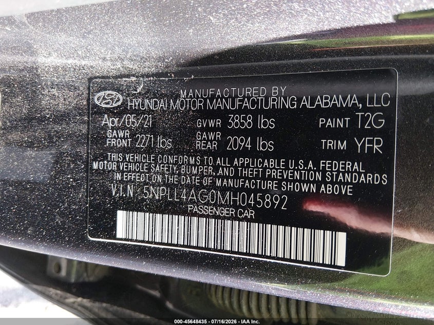 2021 Hyundai Elantra VIN 5NPLL4AG0MH045892 IAAI salvage auction — SIDE, Sf97 (California), sold $8,900 on 2026-08-25 (photo 9)