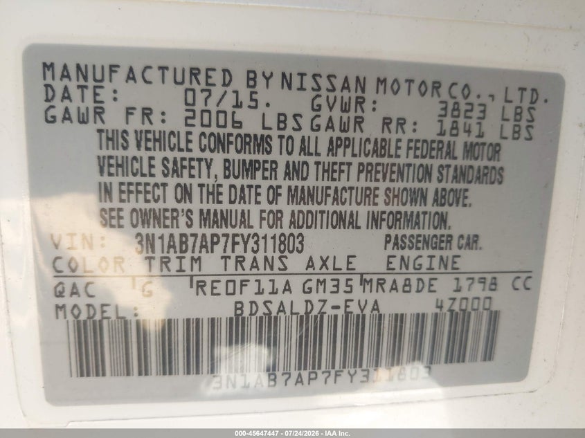 2015 Nissan Sentra VIN 3N1AB7AP7FY311803 IAAI salvage auction — LEFT FRONT, Clear (Massachusetts), sold $1,250 on 2026-07-29 (photo 9)