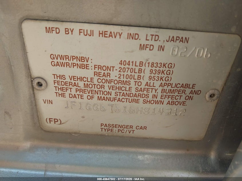 2006 Subaru Impreza VIN JF1GG67616H814312 IAAI salvage auction — NORMAL WEAR, Clear (Colorado), sold $50 on 2026-07-29 (photo 9)
