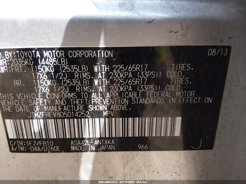2013 Toyota Rav 4 VIN JTMZFREV8D5014252 IAAI salvage auction — NORMAL WEAR, Clear-Dealer Only (Arizona), sold $25 on 2026-07-21 (photo 9)