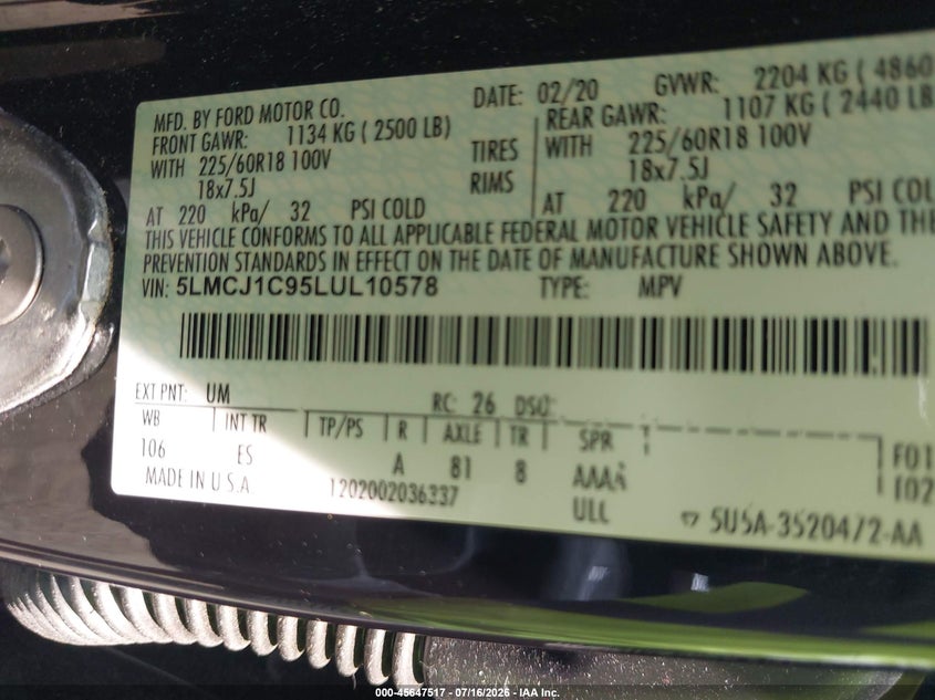 2020 Lincoln Corsair VIN 5LMCJ1C95LUL10578 IAAI salvage auction — REAR END, Clear (Virginia), sold $2,850 on 2026-07-19 (photo 9)