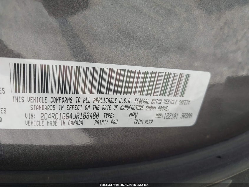 2018 Chrysler Pacifica VIN 2C4RC1GG4JR186480 IAAI salvage auction — FRONT END, Salvage Title, sold $3,500 on 2026-08-01 (photo 9)