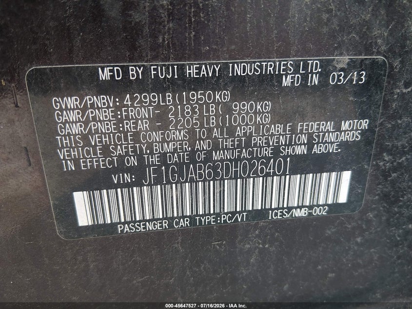 2013 Subaru Impreza VIN JF1GJAB63DH026401 IAAI salvage auction — NORMAL WEAR, Clear (Illinois), sold $450 on 2026-07-29 (photo 9)