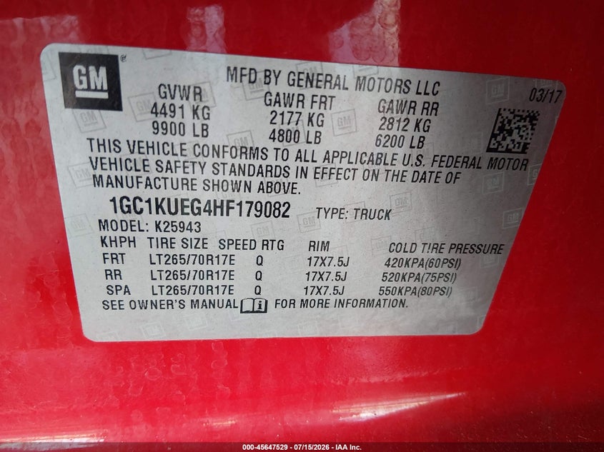 2017 Chevrolet Silverado 2500 VIN 1GC1KUEG4HF179082 IAAI salvage auction — NORMAL WEAR, Sf97 (Washington), sold $21,700 on 2026-09-09 (photo 9)