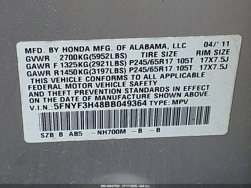 2011 Honda Pilot VIN 5FNYF3H48BB049364 IAAI salvage auction — LEFT FRONT, Salvage (Mississippi), sold $625 on 2026-08-03 (photo 9)