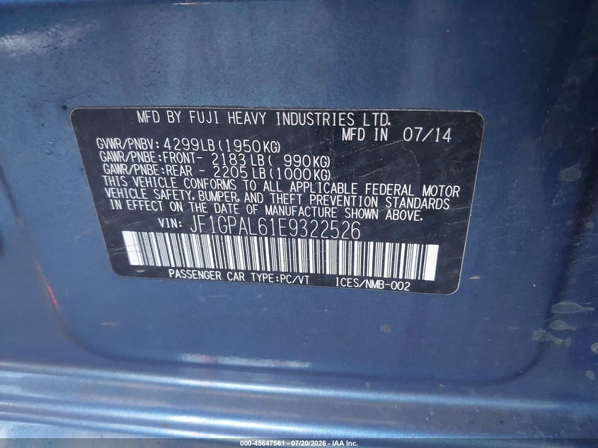 2014 Subaru Impreza VIN JF1GPAL61E9322526 IAAI salvage auction — ALL OVER, Mv-907A (New York), sold $25 on 2026-07-30 (photo 9)