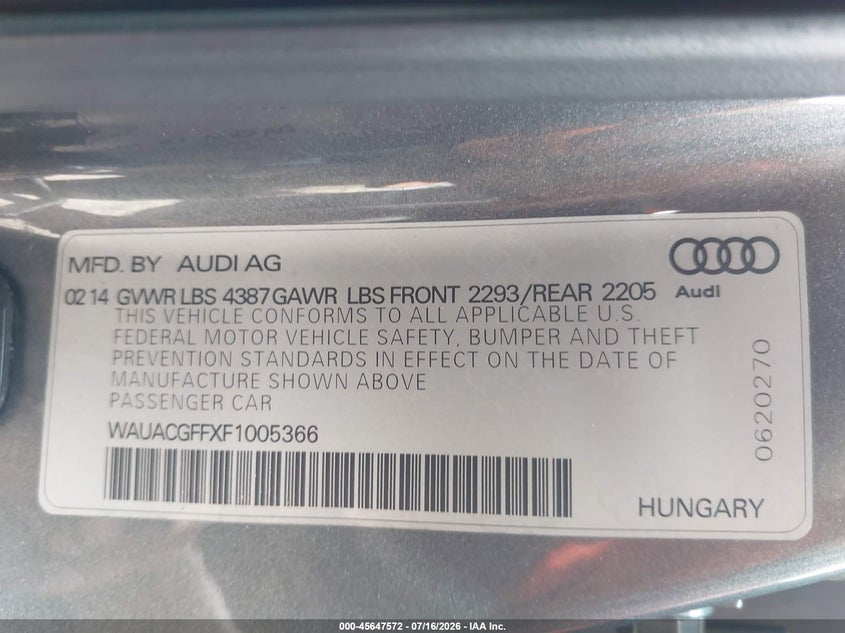 2015 Audi A3 VIN WAUACGFFXF1005366 IAAI salvage auction — NORMAL WEAR, Original (Texas), sold $25 on 2026-07-29 (photo 9)