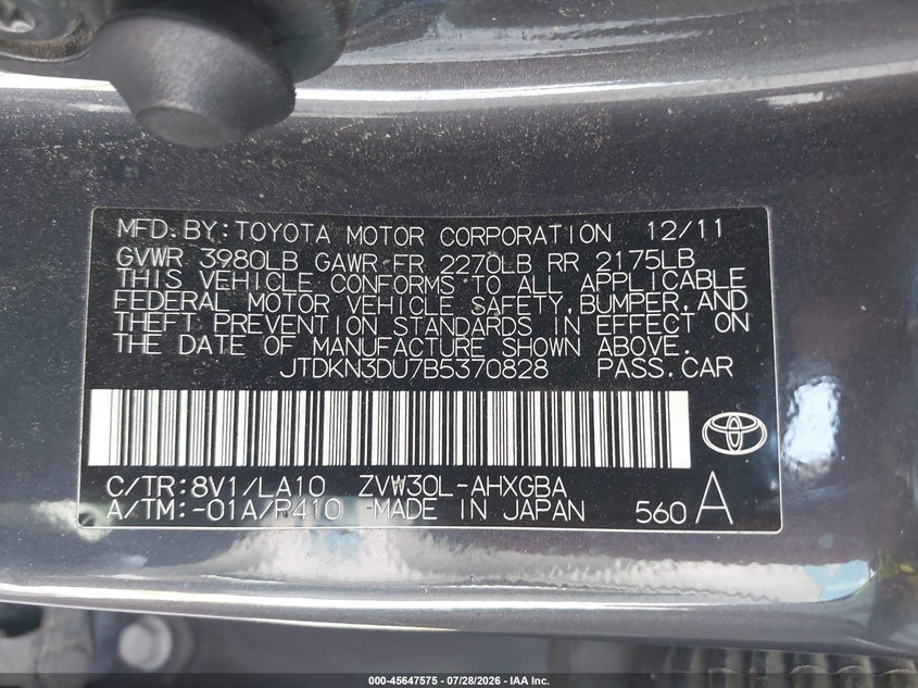 2011 Toyota Prius VIN JTDKN3DU7B5370828 IAAI salvage auction — NORMAL WEAR, Clear-Dealer Only (Arizona), sold $2,050 on 2026-08-01 (photo 9)