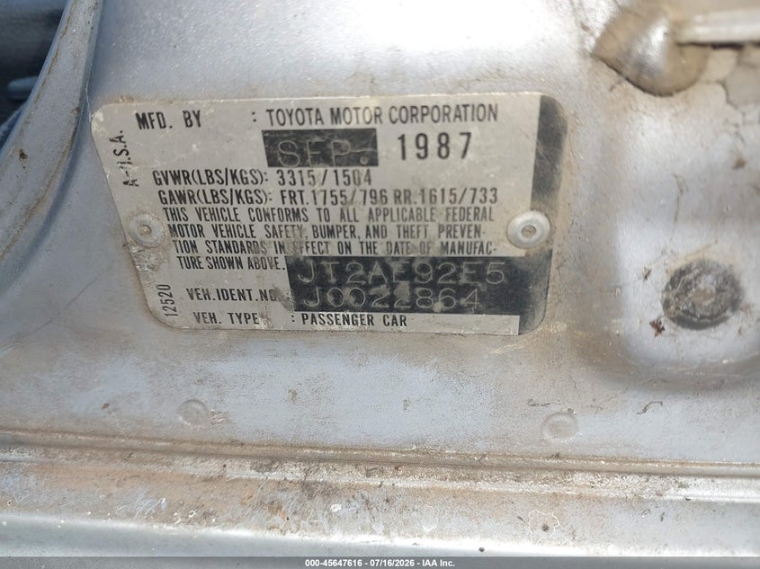 1988 Toyota Corolla VIN JT2AE92E5J0022864 IAAI salvage auction — SIDE, Bill Of Sale (Georgia), sold $25 on 2026-07-30 (photo 9)