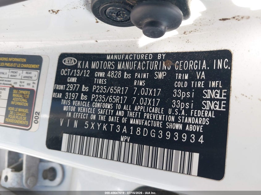 2013 Kia Sorento VIN 5XYKT3A18DG393934 IAAI salvage auction — RIGHT FRONT, Clear (South Carolina), sold $1,400 on 2026-07-17 (photo 9)