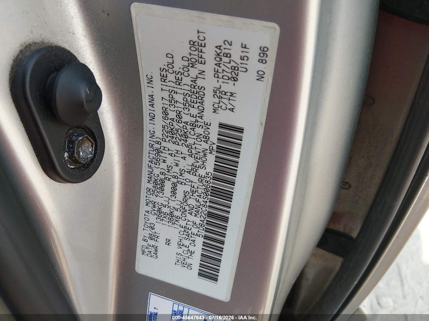 2004 Toyota Sienna VIN 5TDBA22C84S006835 IAAI salvage auction — NORMAL WEAR, Clear (Illinois), sold $475 on 2026-07-28 (photo 9)