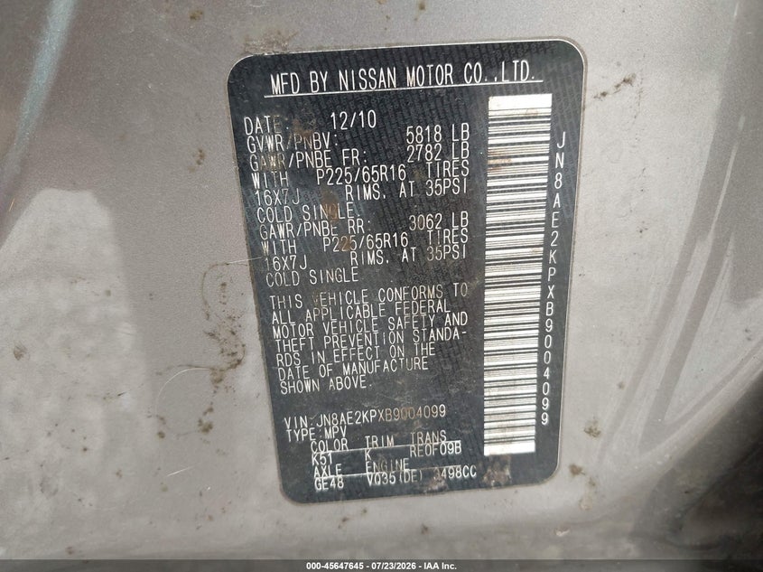 2011 Nissan Quest VIN JN8AE2KPXB9004099 IAAI salvage auction — FRONT END, Salvage (Alabama), sold $425 on 2026-08-02 (photo 9)